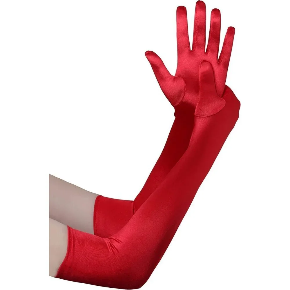 Women's Red Vintage Satin Long Gloves Party Costume Stretchy Elbow Length